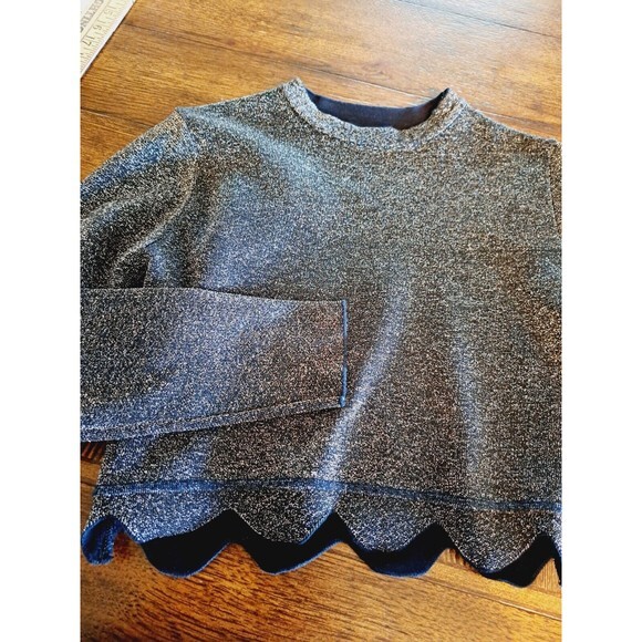 Zara Knit Size Large Black Gold Metallic Cropped Scalloped Pullover Sweater - Picture 6 of 7